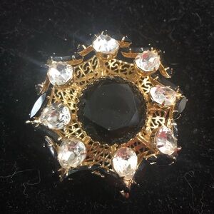 Elegant Black and Gold Vintage Rhinestone Brooch